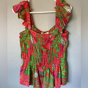 NWT Rose + Olive Tropical Smocked Top, Women’s Extra Small, Pink Orange & Green